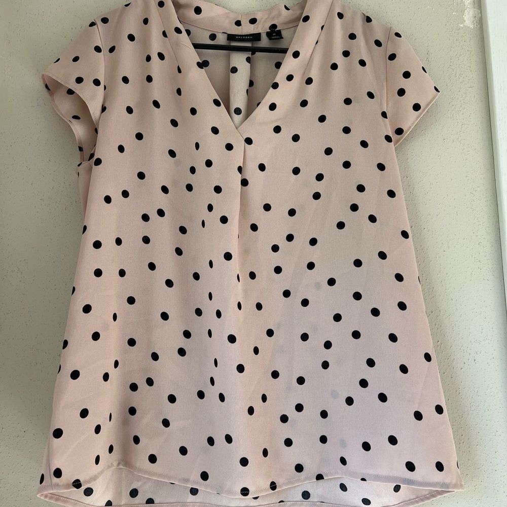 Halogen Vneck Pink and Black Polka Dot Blouse Size M